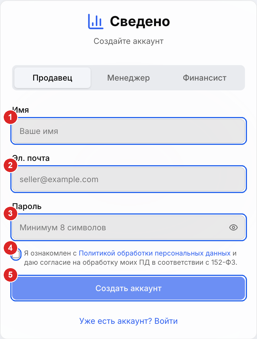 Форма регистрации Сведено с пронумерованными полями